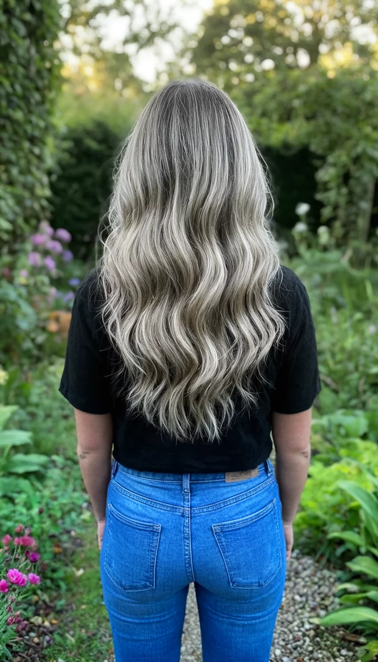 Denim And Ash Lengths casual photo of a 29-year-old woman wearing blue jeans and a black top with an ash-blonde with subtle highlights colored very long, wavy hair hairstyle, back view, outdoor garden