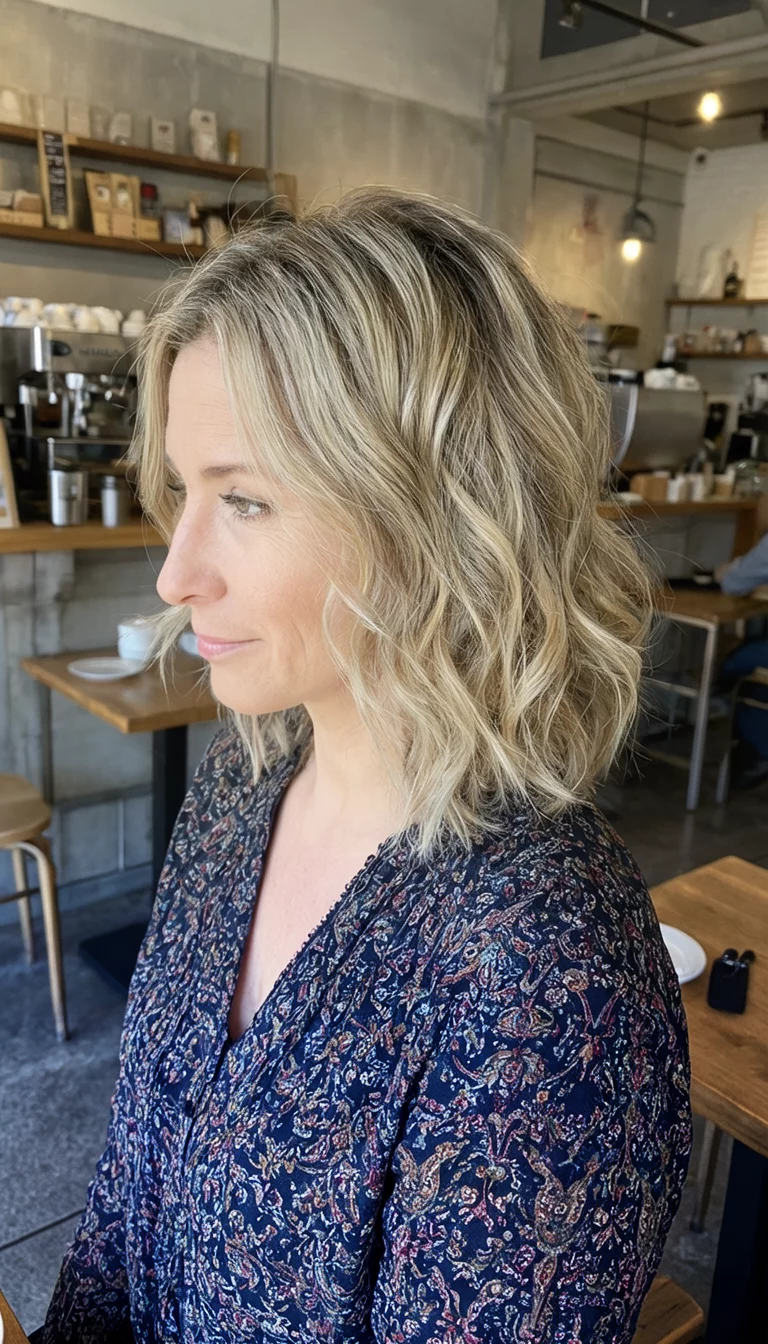 Patterned Side Profile Pearl casual photo of a 36-year-old woman wearing a patterned dark top with a blonde with subtle highlights colored shoulder-length, wavy hair hairstyle, side view, cafe background