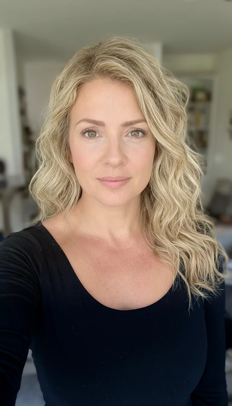 Scoop Neck Sandy Waves selfie of a 31-year-old woman wearing a black scoop-neck top with a blonde, wavy hair colored wavy hair hairstyle, front view, blurred interior background