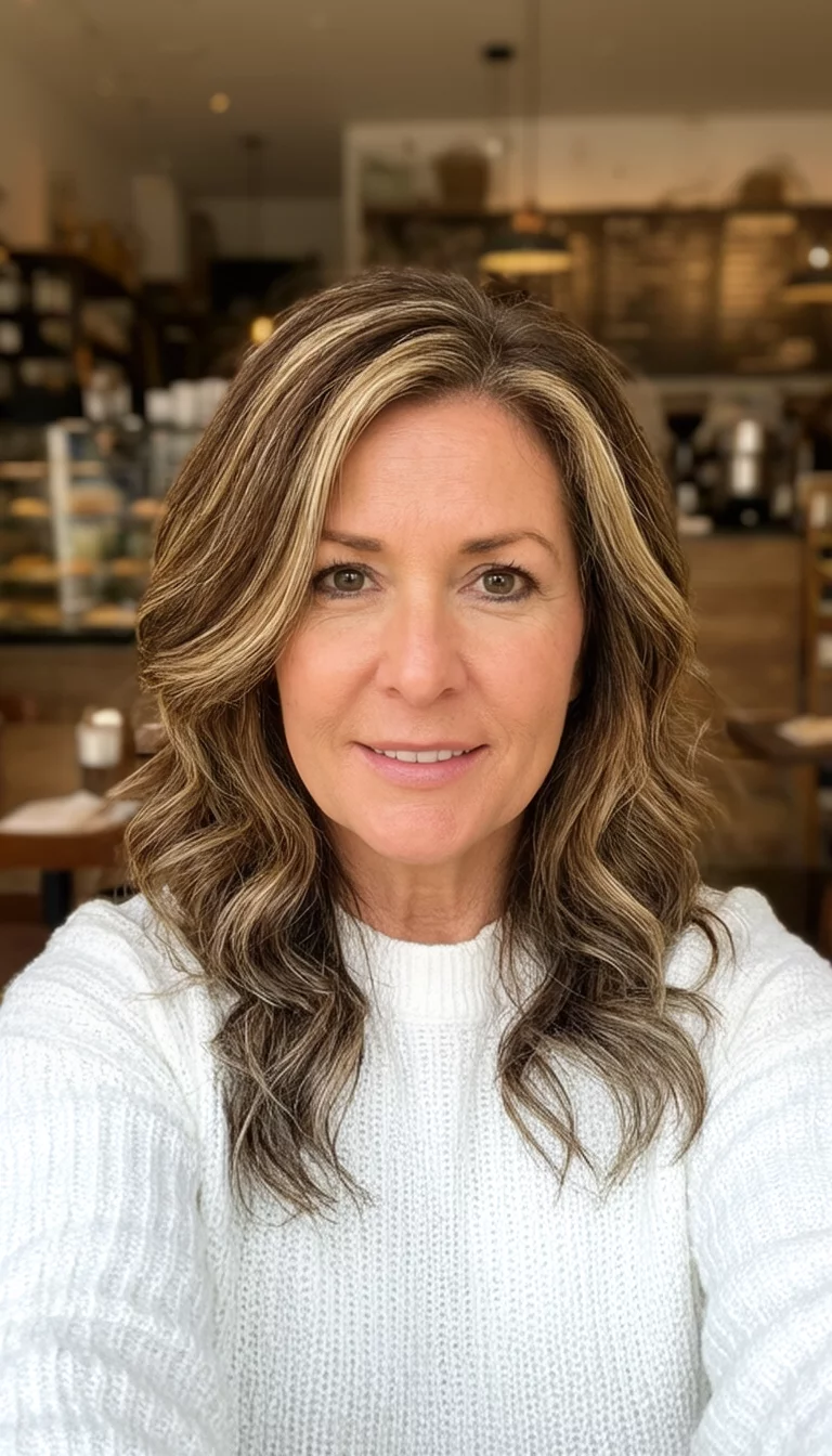 White Sweater Brown And Blonde selfie of a 49-year-old woman wearing a white sweater with a brown hair with blonde highlights colored wavy, layered hair hairstyle, front view, cozy cafe