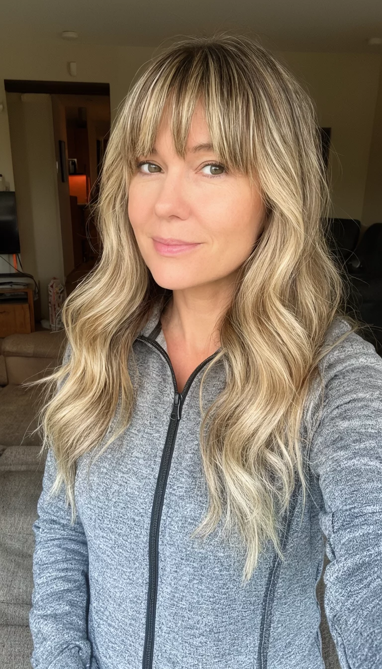 Fringe And Grey Zip Glow selfie of a 30-year-old woman wearing a grey zip-up jacket with a long, wavy blonde hair with lighter blonde highlights and bangs colored wavy hairstyle, side/front view, casual home setting