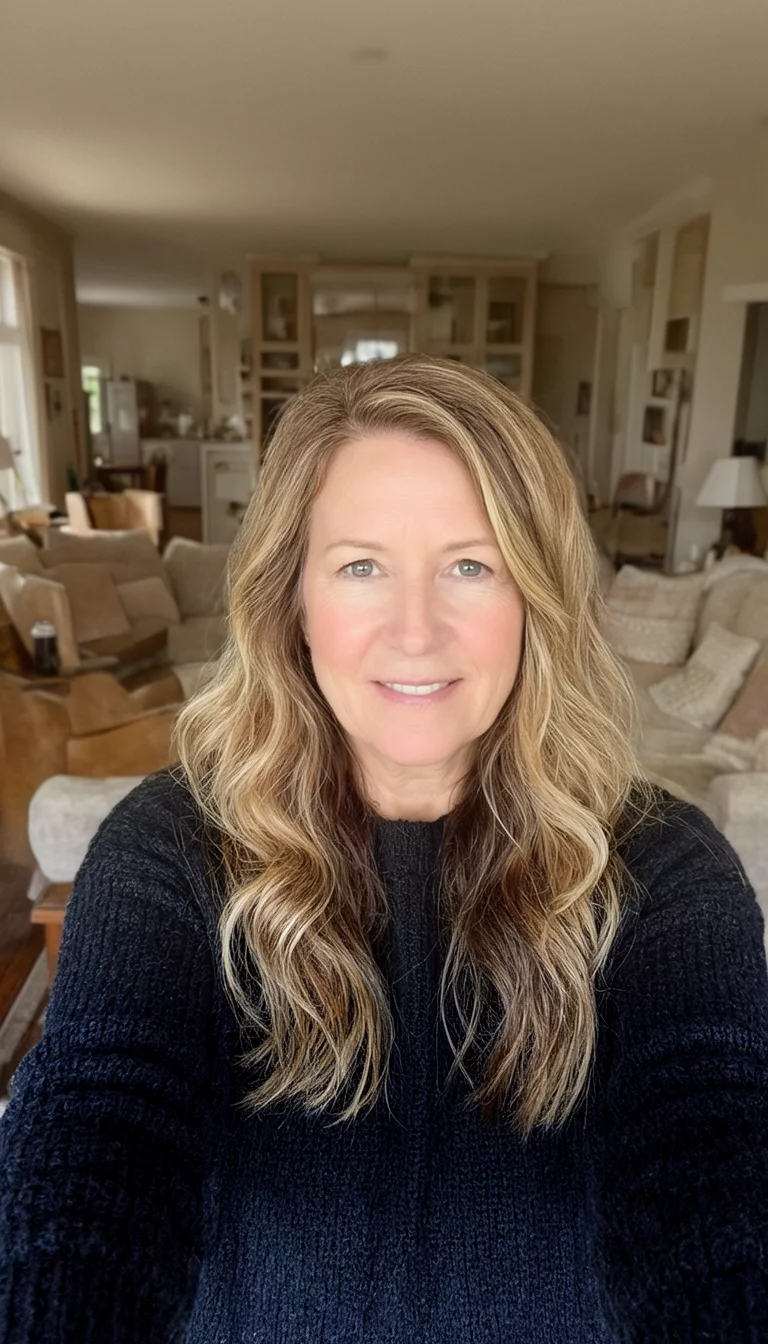 Autumnal Golden Ombre Smile selfie of a 45-year-old woman wearing a dark sweater with a blonde-to-brown ombre colored long, wavy hair hairstyle, front view, cozy living room