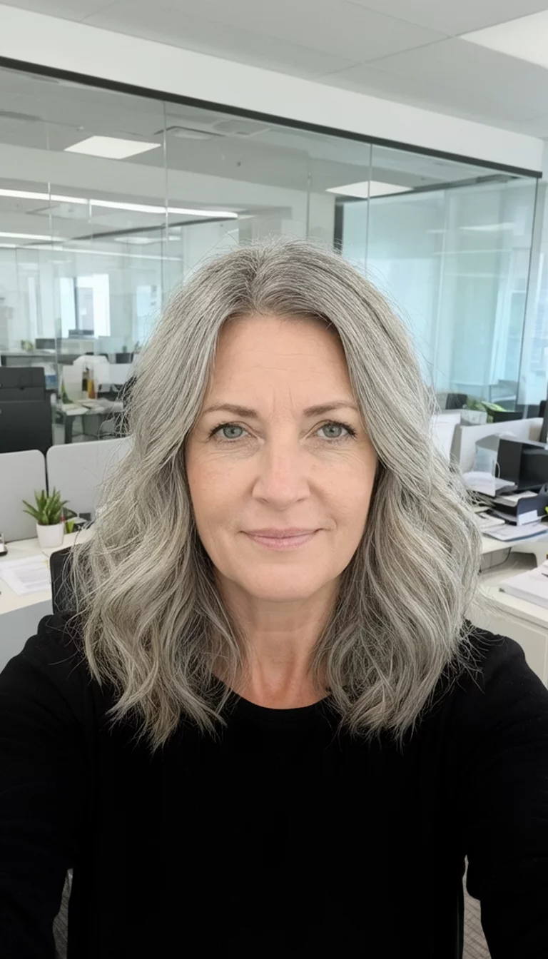 Ash Toned Metallic Bob selfie of a 48-year-old woman wearing a black top with an ash-toned blonde colored shoulder-length wavy hair hairstyle, front view, modern office