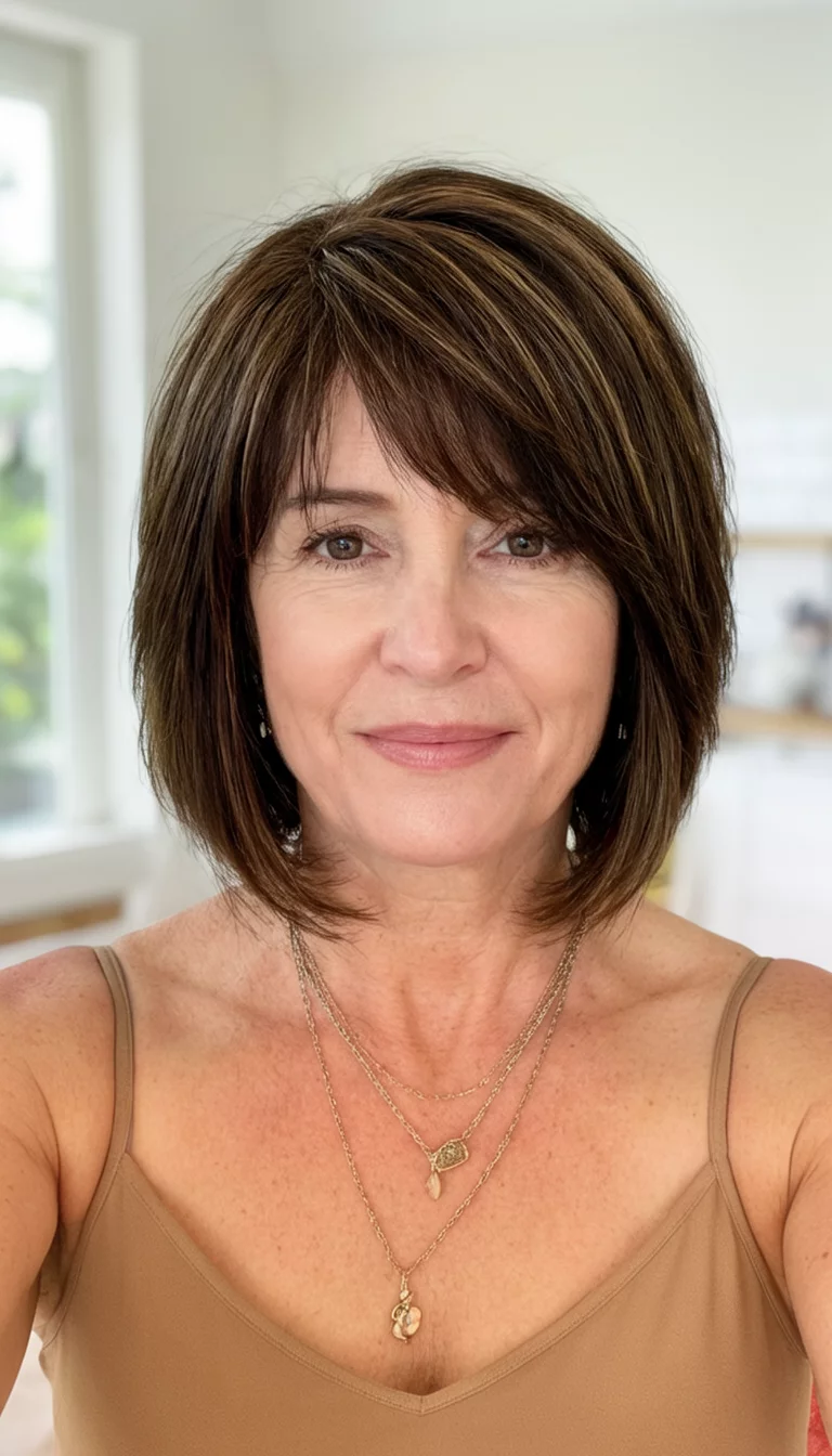 selfie of a 41-year-old woman wearing a tan camisole and jewelry with a brown colored medium-length bob with subtle layers hairstyle, front view, bright, indoor background