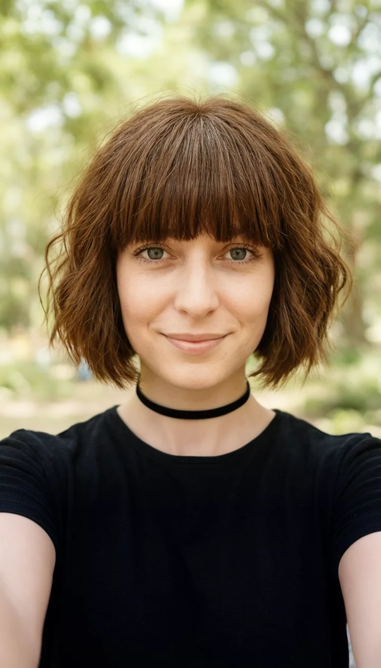 Textured Espresso Short Bob selfie of a 28-year-old woman wearing a black top and a choker necklace with a brown colored short, textured bob and bangs hairstyle, front view, blurred outdoors background