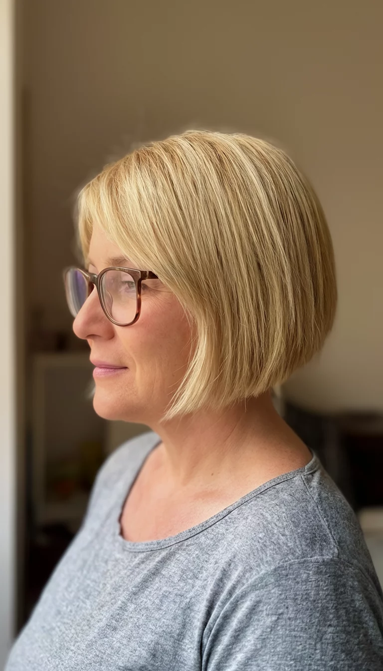 Blonde Spectacle Bob casual photo of a 39-year-old woman wearing glasses with a blonde colored bob hairstyle, side view, indoor background
