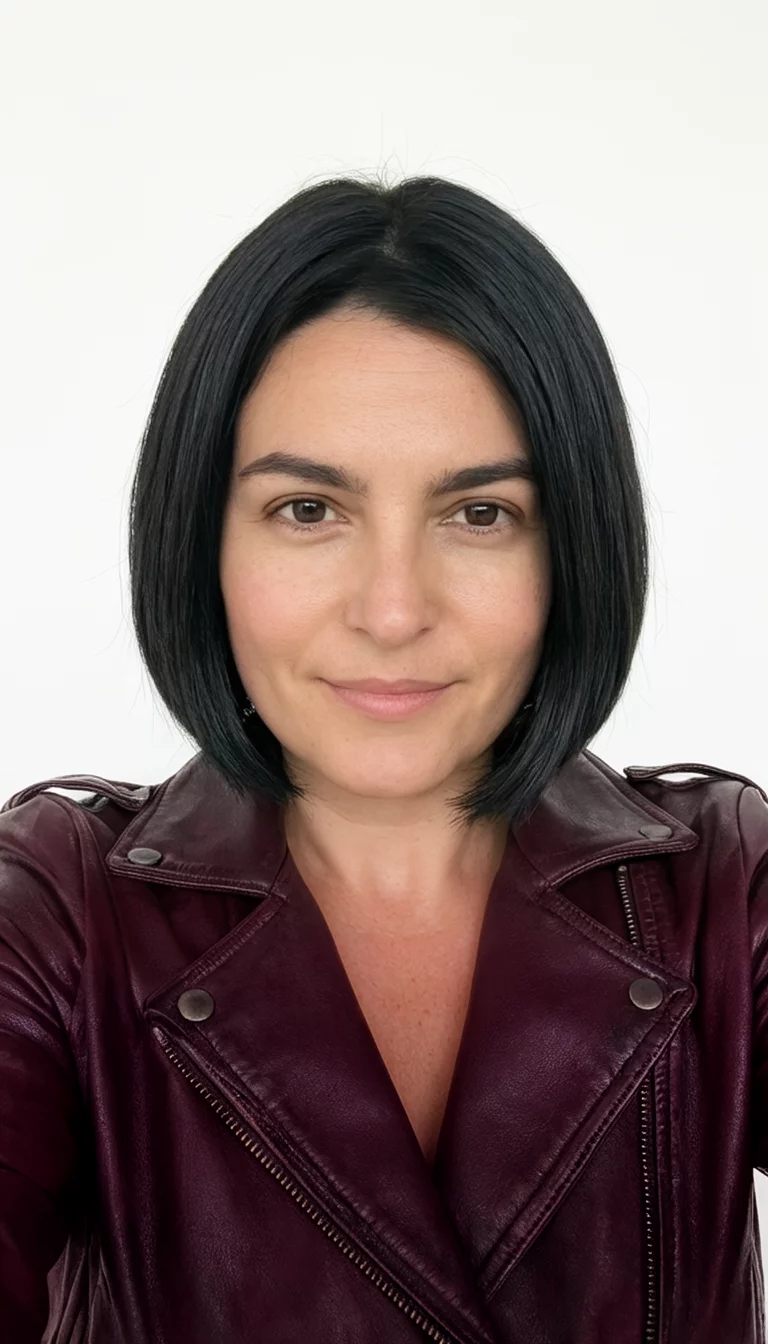 Sleek Midnight Onyx selfie of a 31-year-old woman wearing a dark maroon leather jacket with a dark colored sleek bob hairstyle, front view, plain and white background