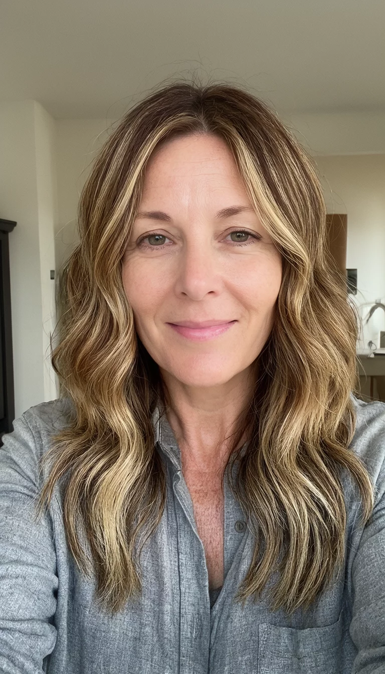 Wavy Sun Kissed Bronde selfie of a 37-year-old woman wearing a casual shirt with a brown with blonde highlights colored long, wavy bob hairstyle, front view, indoor background