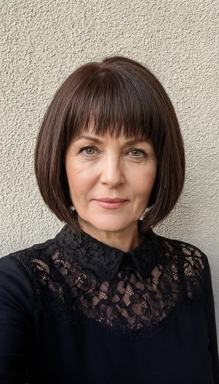 Sharp Obsidian Bob selfie of a 45-year-old woman wearing a black lace collar and a black top with a dark brown colored sharp bob hairstyle, front view, textured, neutral background