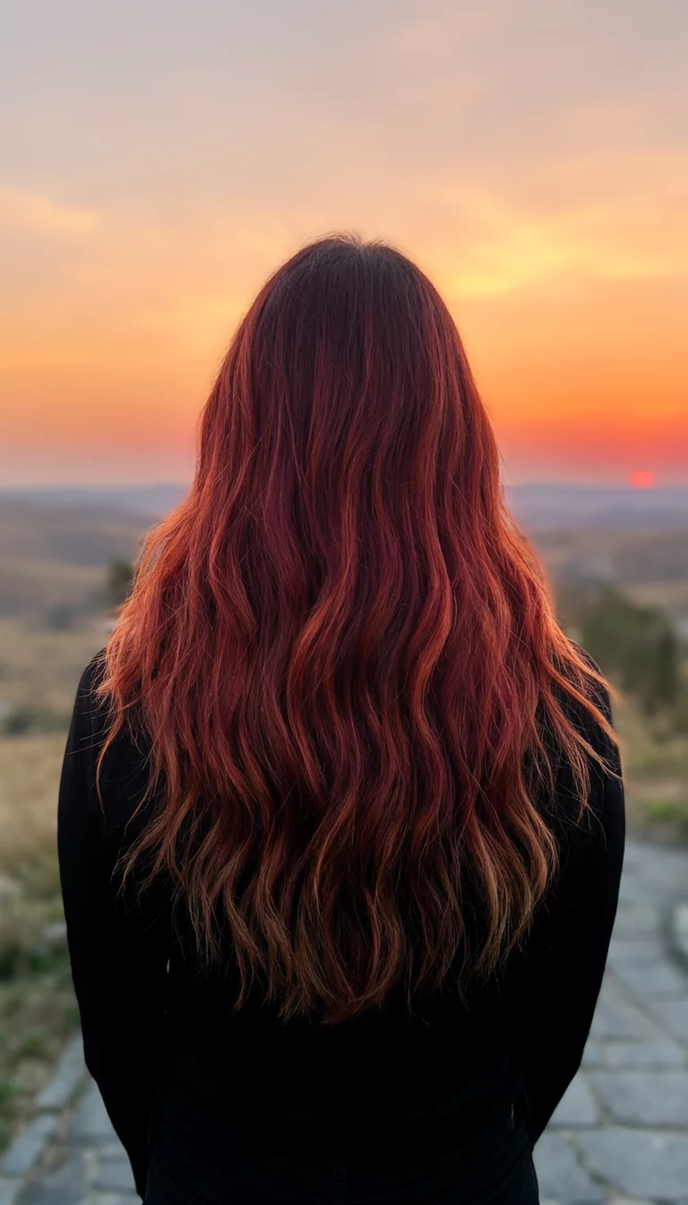 casual photo of a 34-year-old woman wearing a black top with a reddish-brown hair with subtle highlights colored long wavy hairstyle, back view, sunset background