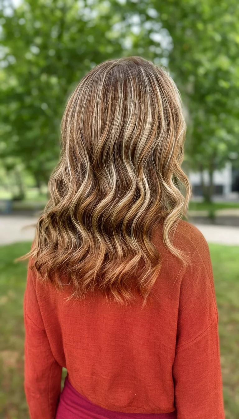 casual photo of a 35-year-old woman wearing a rust-colored top with a copper-toned hair with lighter streaks colored wavy hairstyle, back and side view, outdoor background