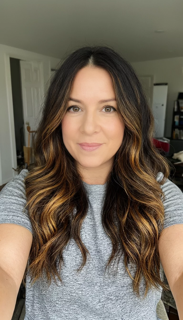 selfie of a 39-year-old woman wearing a grey t-shirt with a dark brown hair with caramel highlights colored long wavy hairstyle, front view, casual home background