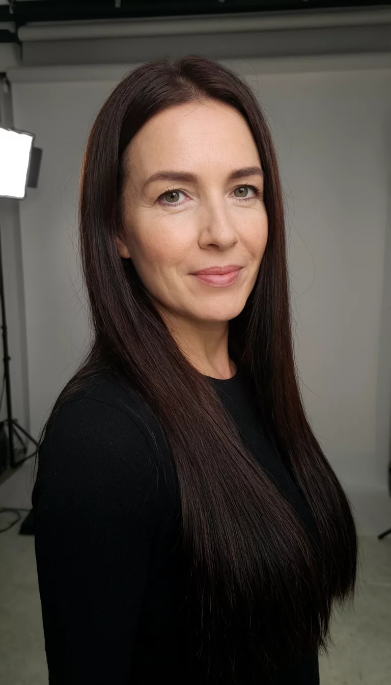 selfie of a 41-year-old woman wearing a black top with a dark brown hair colored long straight hairstyle, front-facing three-quarter view, indoor studio background