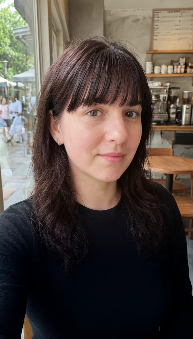 selfie of a 26-year-old woman wearing a black top with a dark brown hair colored bangs hairstyle, front-facing profile view, cafe background