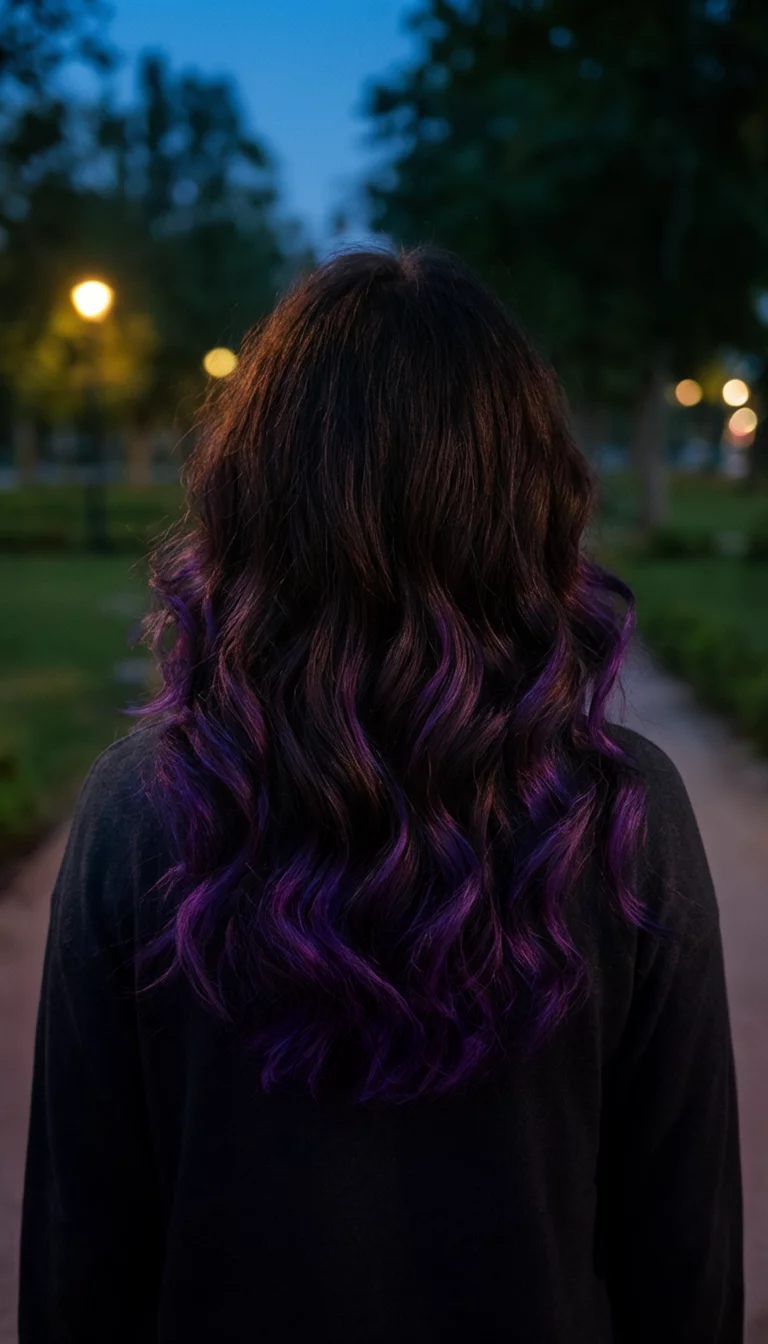 casual photo of a 25-year-old woman wearing a dark top with a dark brown wavy hair featuring purple hints colored wavy hairstyle, back view, evening outdoor background