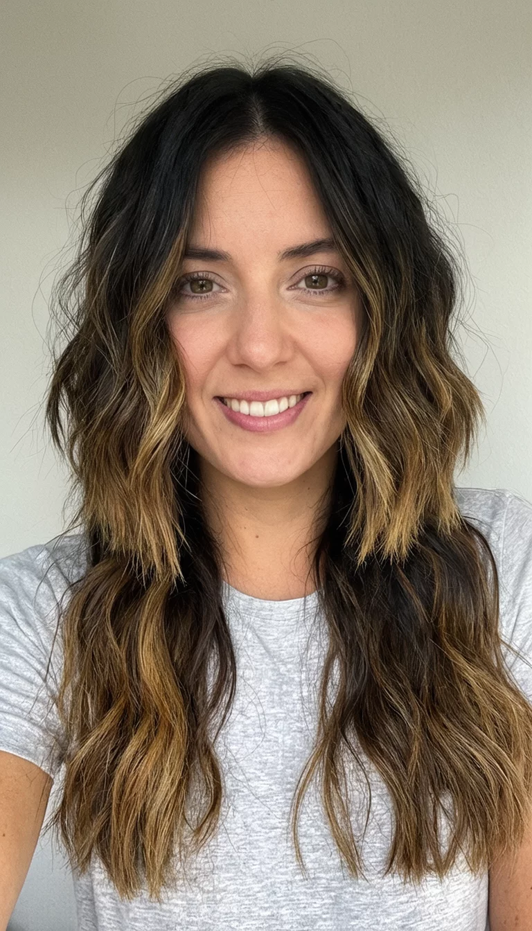 selfie of a 28-year-old woman wearing a casual top with a dark hair with honey ombre highlights colored choppy bob and long wavy hairstyle, front and side views, neutral background