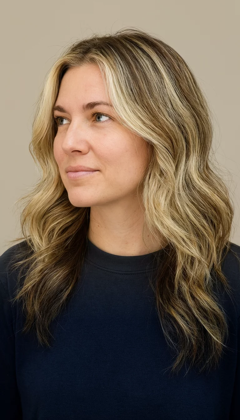 casual photo of a 29-year-old woman wearing a dark top with a blonde and brown hair colored wavy hairstyle, side view, neutral background