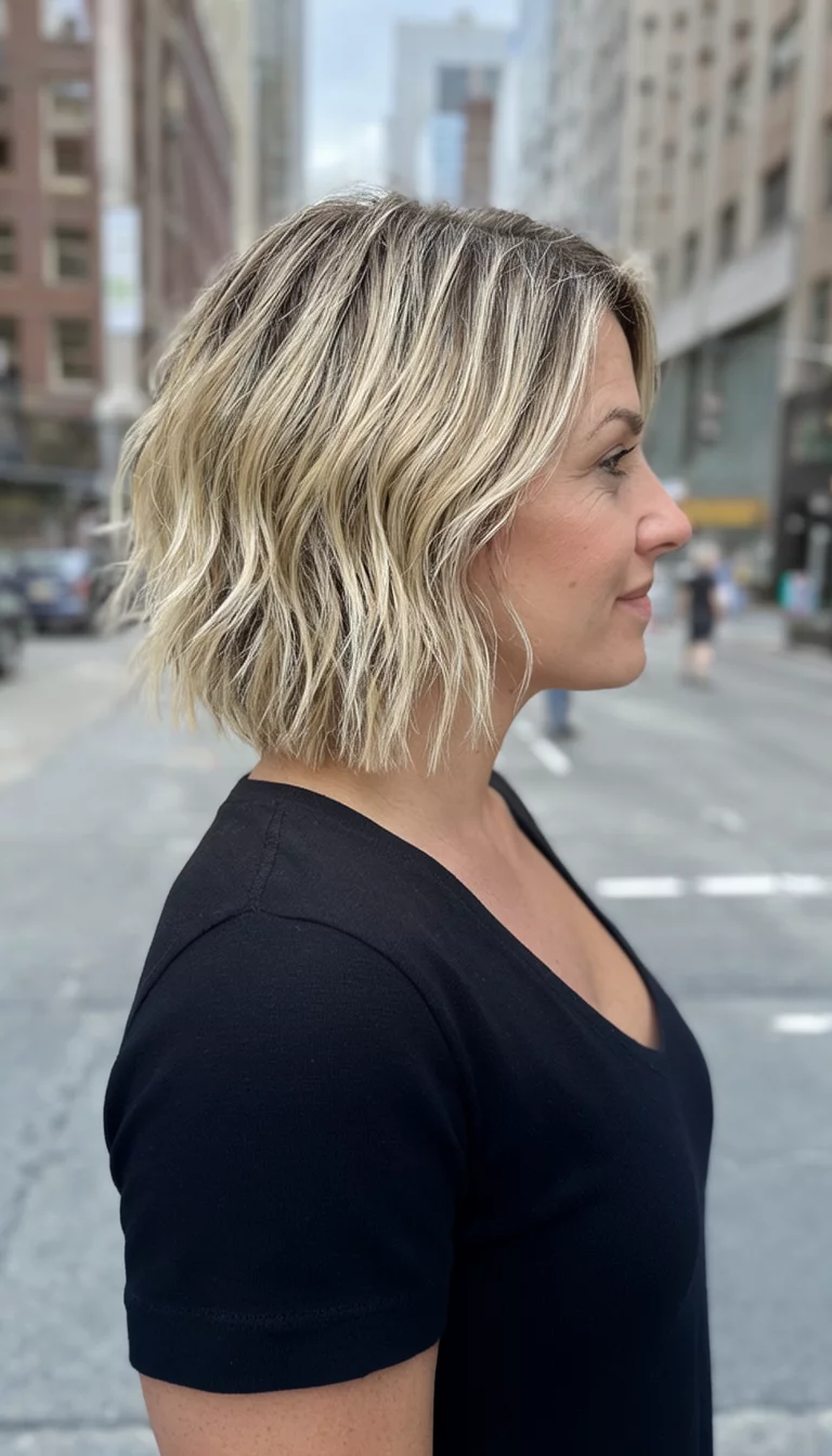 casual photo of a 38-year-old woman wearing a black top with a blonde highlights colored choppy bob haircut hairstyle, side view, urban background