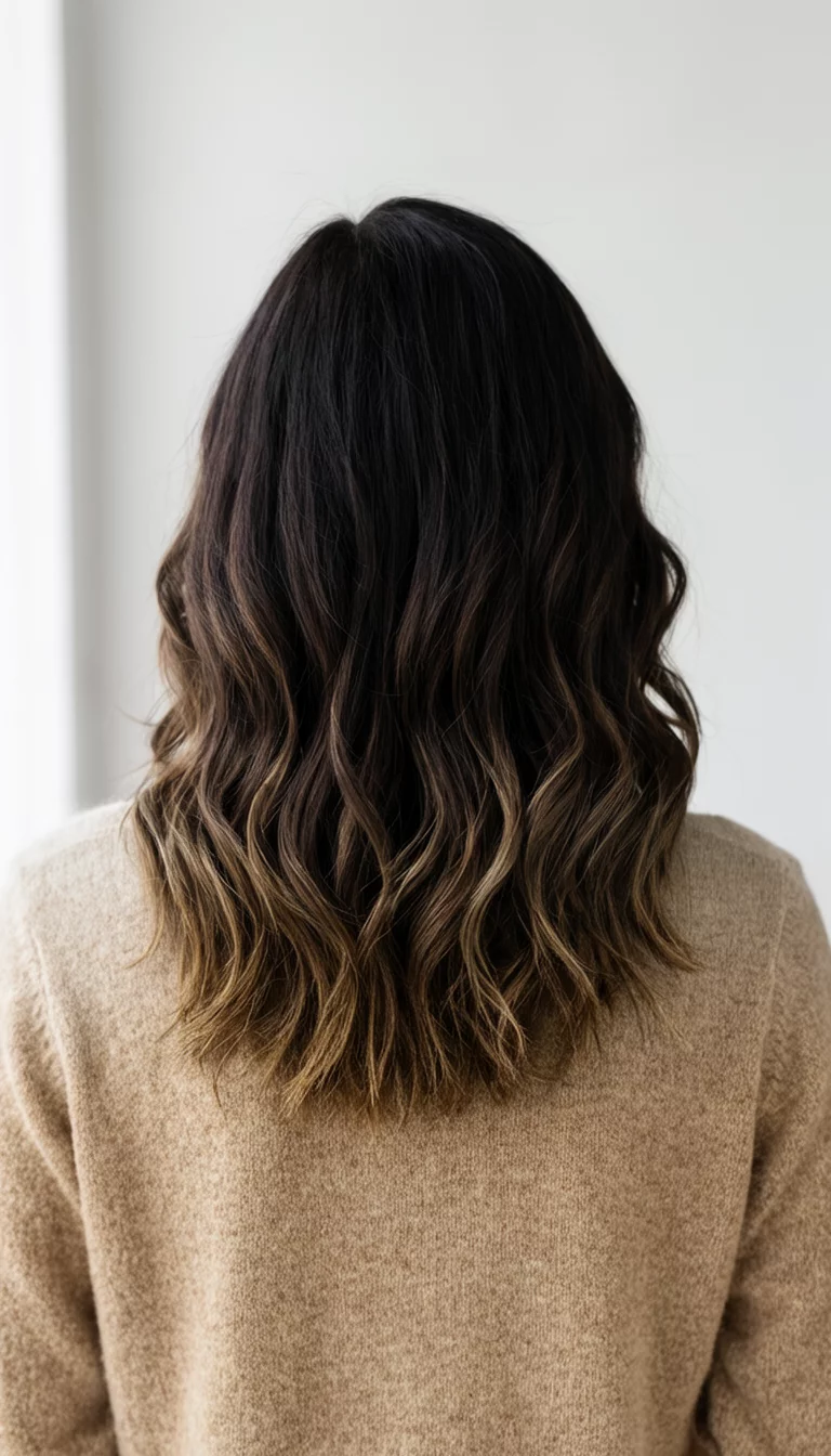 casual photo of a 33-year-old woman wearing a beige sweater with a dark brown hair with subtle lighter tones colored wavy hairstyle, back view, soft light background