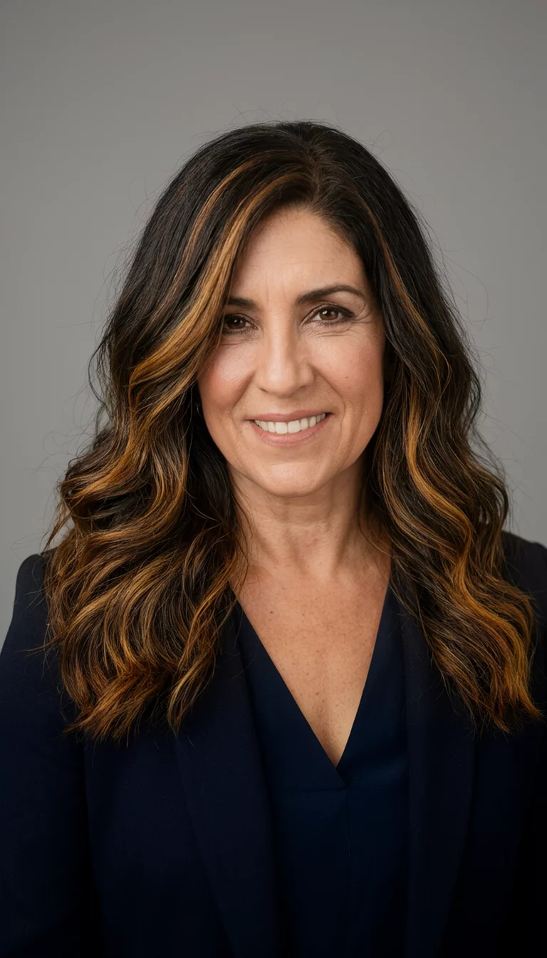 selfie of a 43-year-old woman wearing dark clothing with a dark hair with prominent caramel highlights colored various styles hairstyle, front view, professional studio background