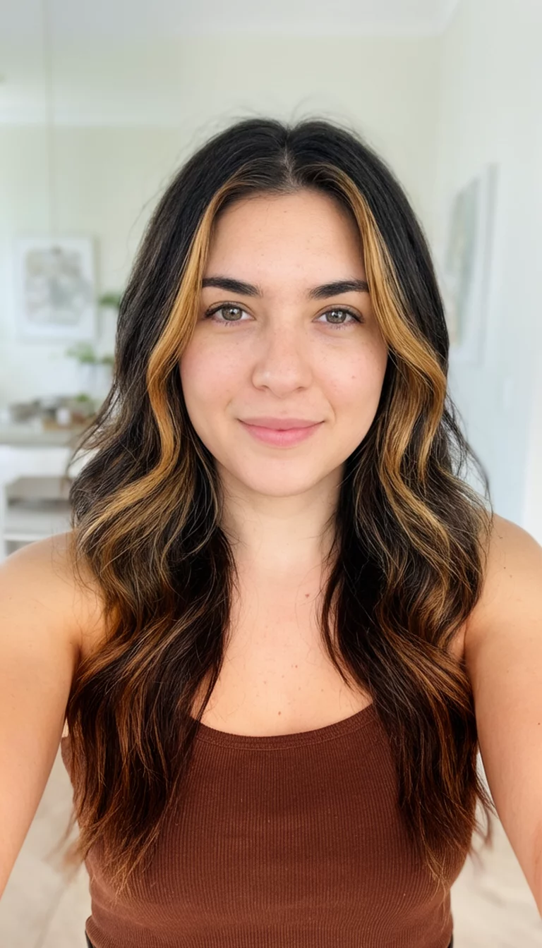 selfie of a 23-year-old woman wearing a brown tank top with a dark brown hair with caramel highlights framing face colored long wavy hairstyle, front view, bright indoor background