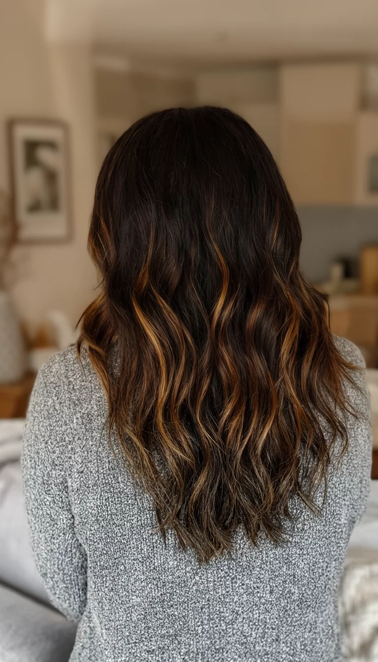 casual photo of a 24-year-old woman wearing a grey sweater with a dark brown hair with subtle caramel highlights colored long wavy hairstyle, back view, cozy indoor background