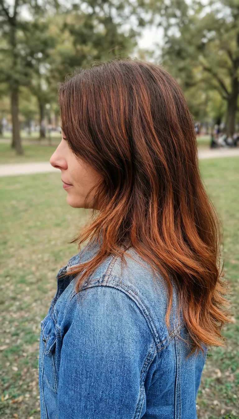casual photo of a 31-year-old woman wearing a denim jacket with a layered brown hair with copper highlights colored long hairstyle, side view, outdoor park background