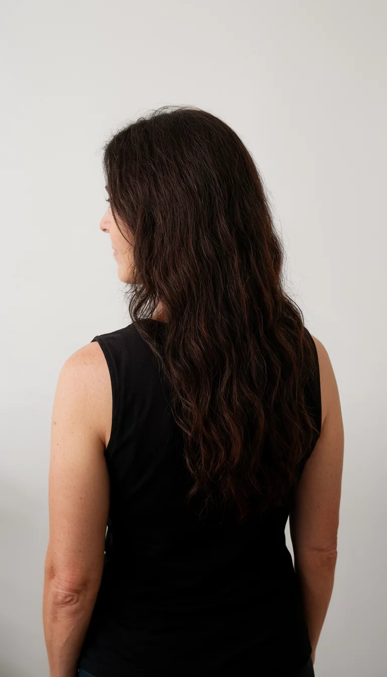 casual photo of a 45-year-old woman wearing a black sleeveless top with a dark brown colored long wavy hairstyle, back view, minimalist background