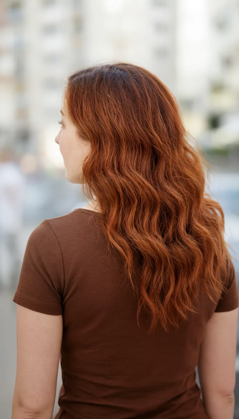 casual photo of a 32-year-old woman wearing a brown top with a auburn hair colored wavy hairstyle, back view, soft blurred background