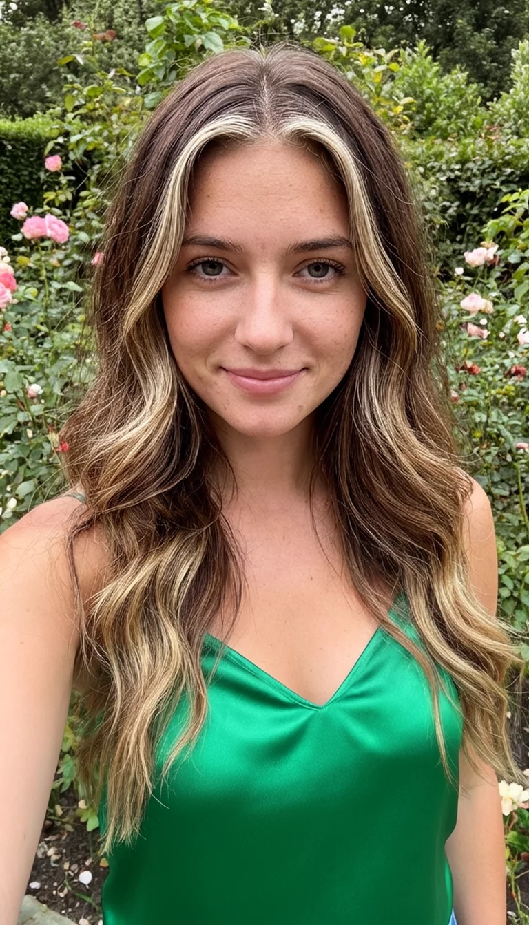 selfie of a 22-year-old woman wearing a green satin camisole with a brown hair with blonde streaks colored long wavy hairstyle, front view, garden background