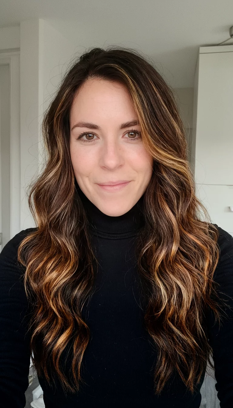 Tortoiseshell Turtleneck Glow selfie of a 31-year-old woman wearing a black turtleneck with a tortoiseshell brown with lighter highlights colored long wavy hairstyle, front view, indoor background