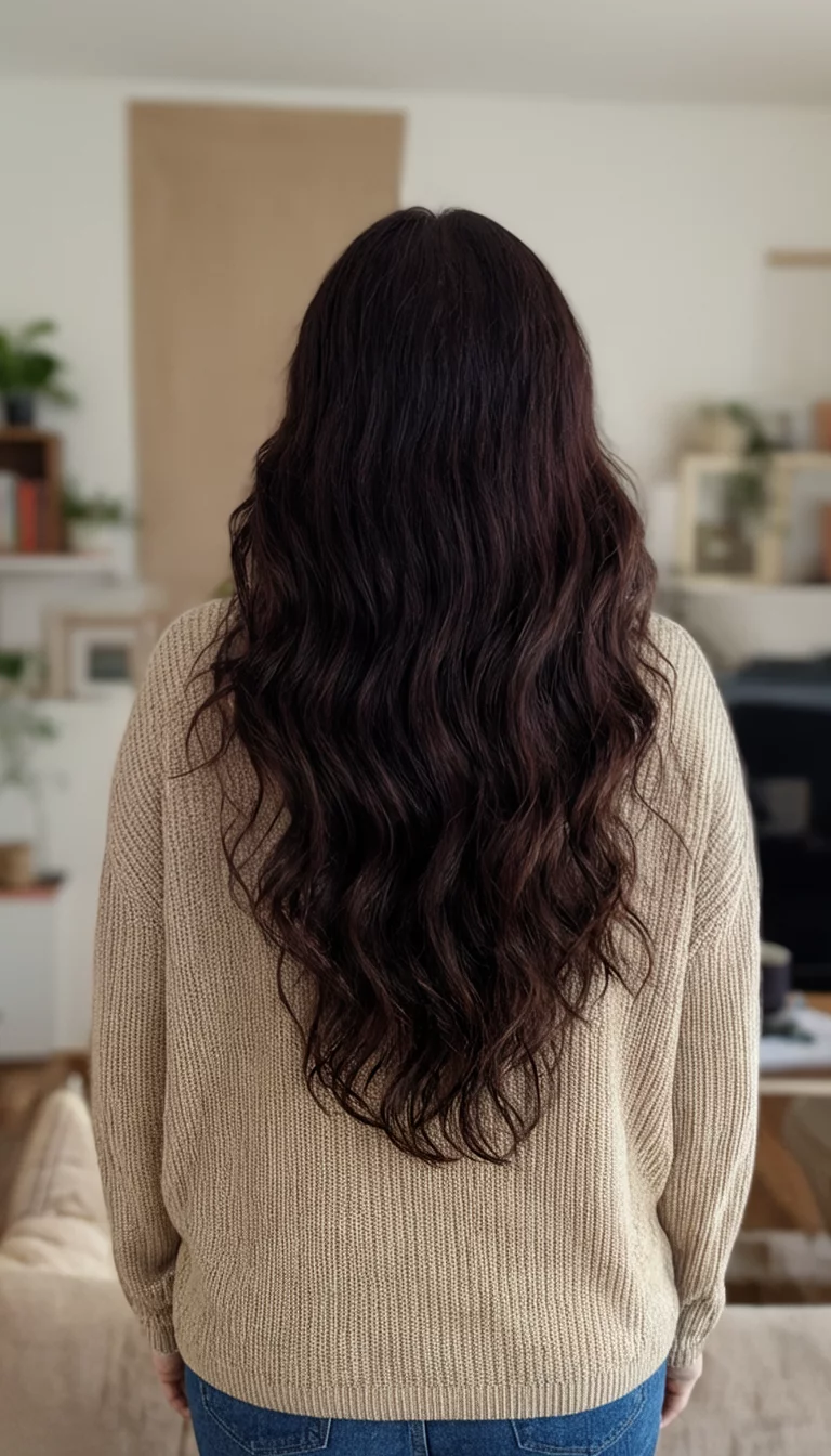 casual photo of a 42-year-old woman wearing a beige sweater with a dark cocoa colored long wavy hairstyle, back view, indoor background