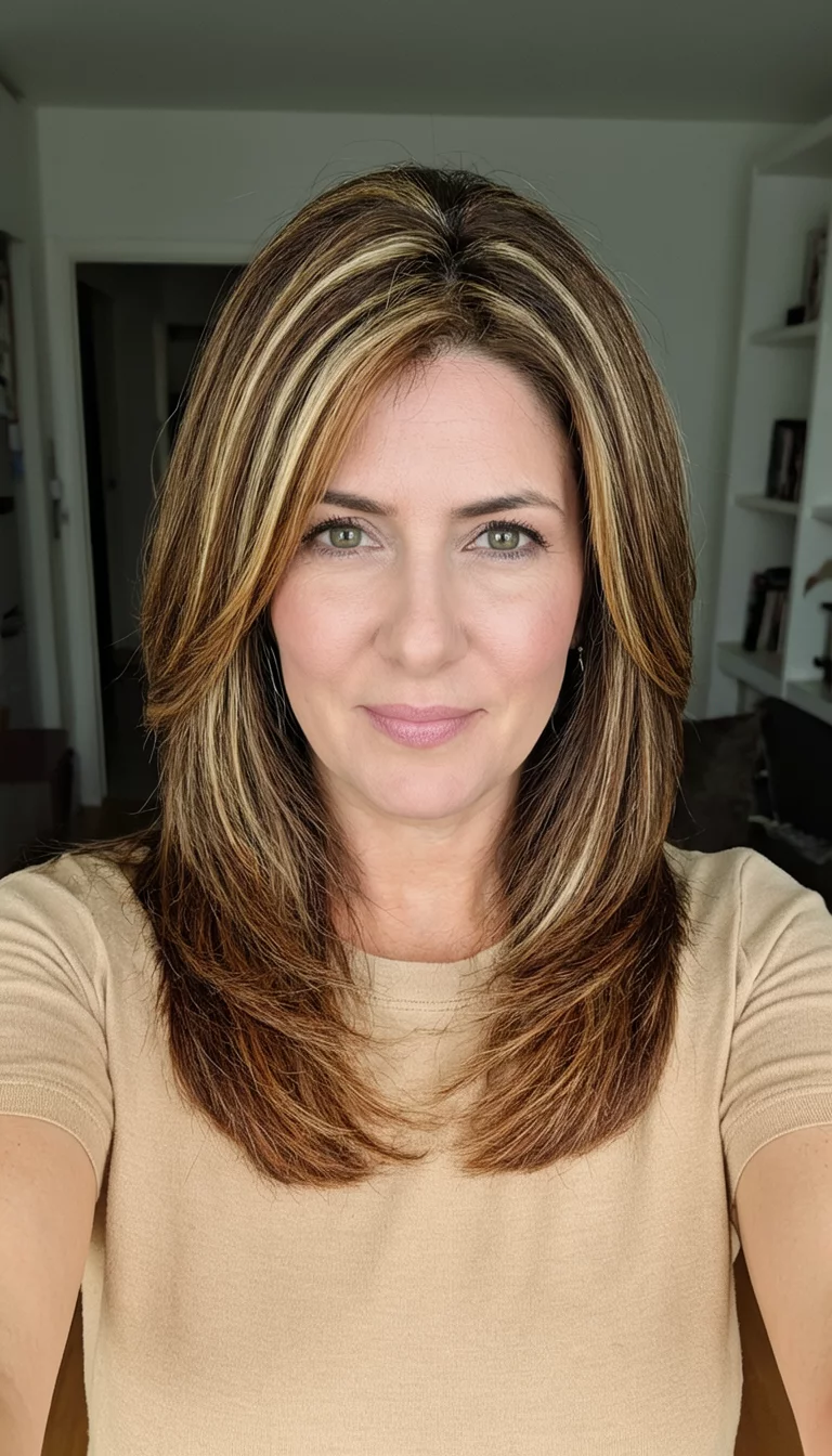 Autumn Caramel Layers selfie of a 31-year-old woman wearing a beige top with a brown with blonde and caramel highlights colored medium length layered hairstyle, front view, indoor background