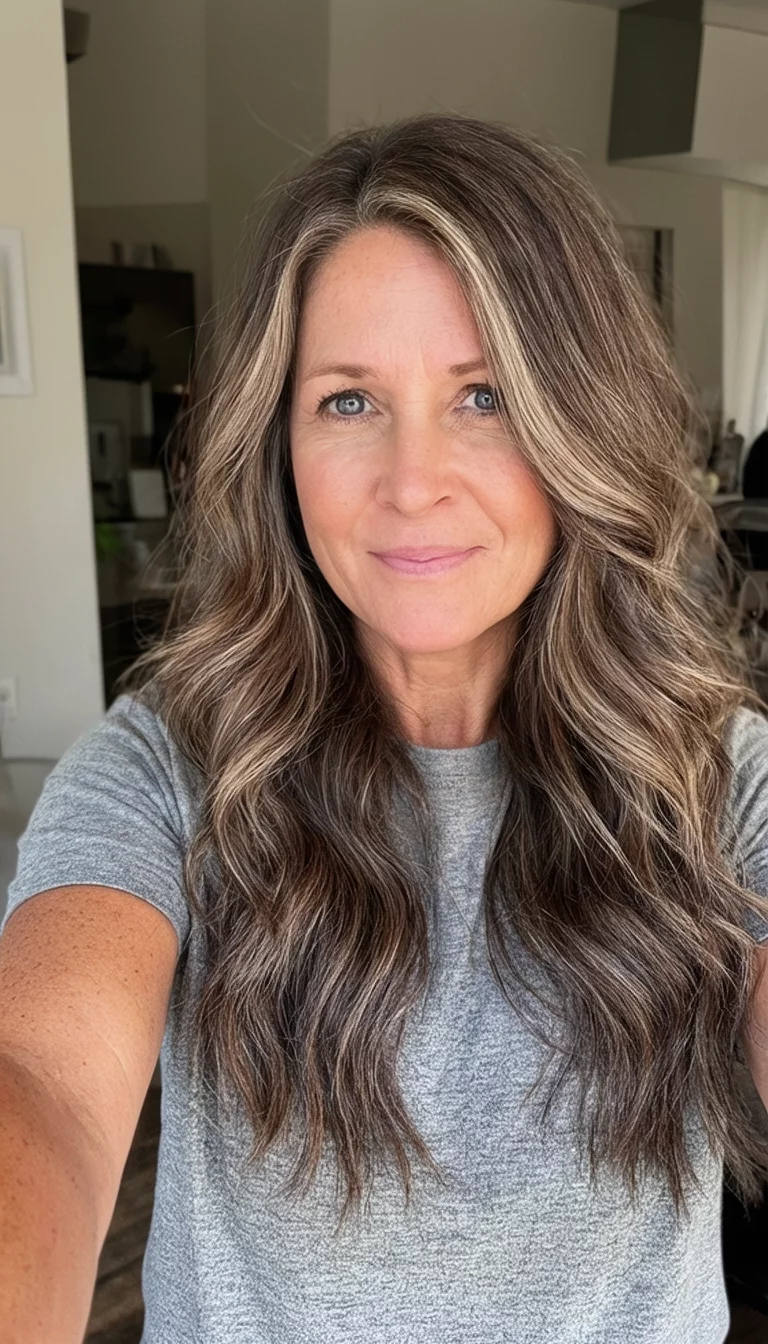 Dusty Mocha Close Up selfie of a 38-year-old woman wearing a gray t-shirt with a dusty mocha with highlights colored long wavy hairstyle, front view, indoor background