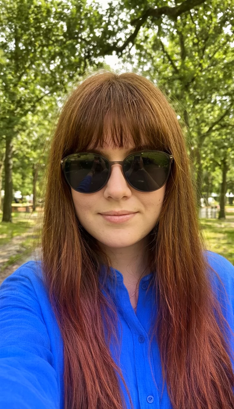 Retro Fringe Chestnut selfie of a 22-year-old woman wearing a blue shirt and sunglasses with a chestnut brown colored long hair with bangs hairstyle, front view, outdoor background
