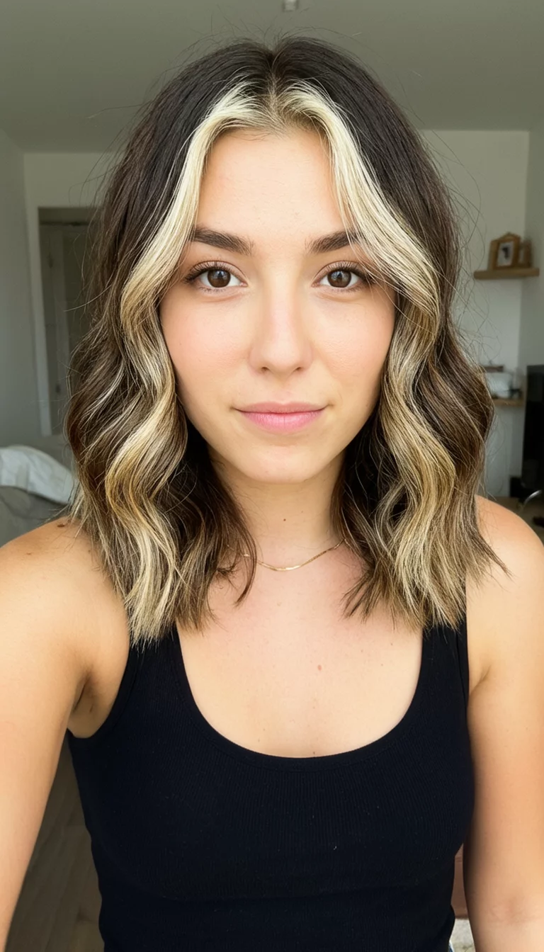 Bold Money Piece Brunette selfie of a 24-year-old woman wearing a black tank top with a brunette with blonde money pieces colored medium length wavy hairstyle, front view, indoor background