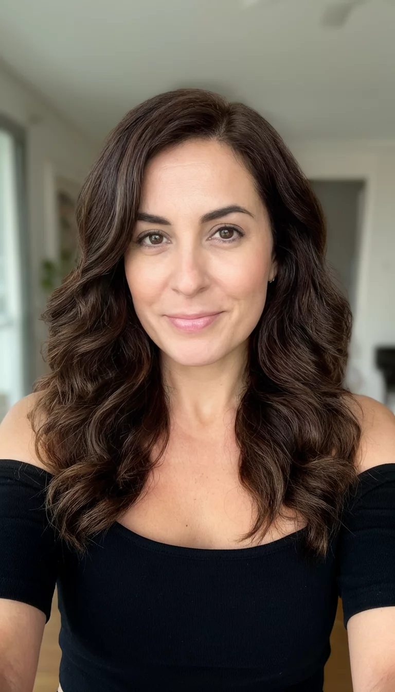 Ebony Velvet Volume selfie of a 32-year-old woman wearing a black off the shoulder top with a dark brown colored voluminous wavy hairstyle, front view, indoor background