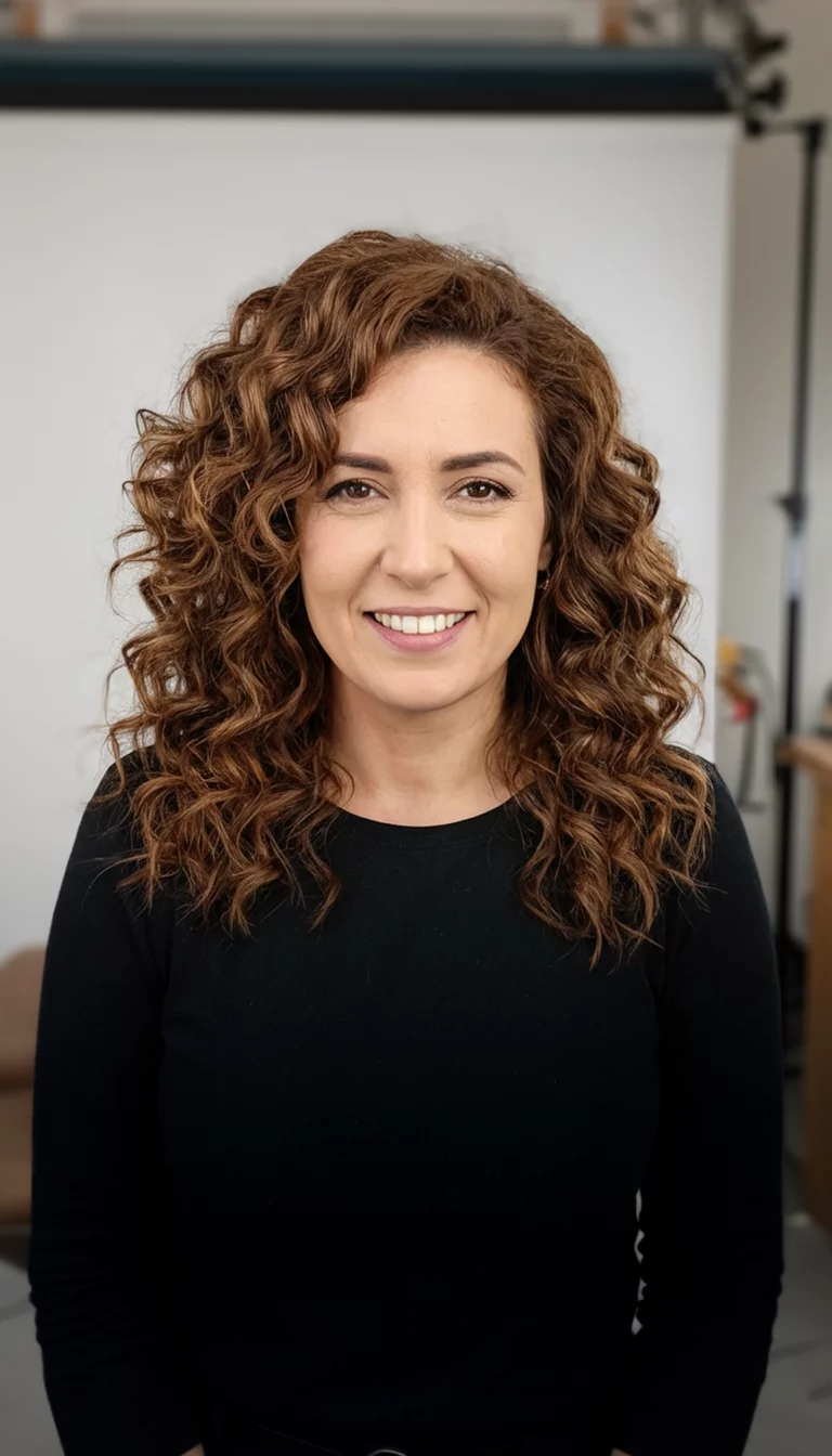 Roasted Coffee Volume Collage casual photo of a 34-year-old woman wearing a black top with a roasted coffee colored voluminous waves and curls hairstyle, front view, indoor studio background