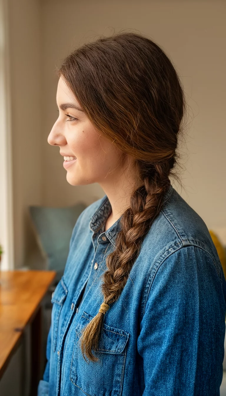 Braided Brunette Variety casual photo of a 27-year-old woman wearing a denim shirt with a brunette colored braided hairstyle, side view, indoor background