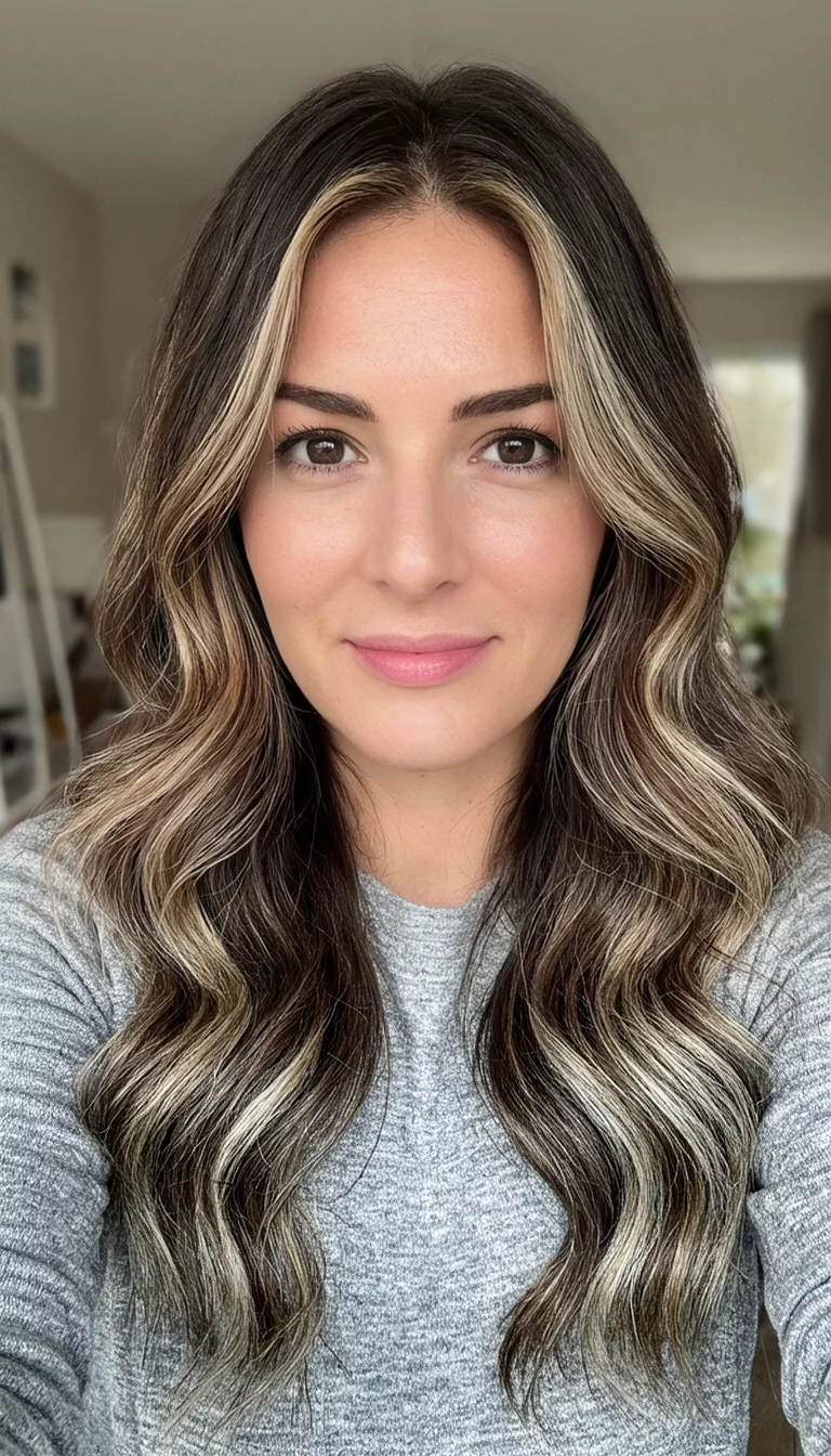 Ash Bronze Fusion selfie of a 26-year-old woman wearing a gray top with a brown with blonde and ash brown highlights colored long wavy hairstyle, front view, indoor background