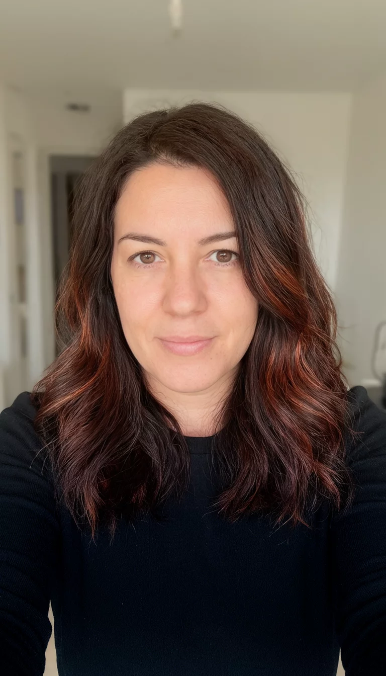 Subtle Crimson Dark Brown selfie of a 36-year-old woman wearing a black top with a dark brown with subtle reddish brown highlights colored medium length wavy hairstyle, front view, indoor background