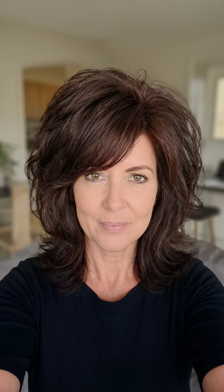 Voluminous Midnight Chocolate selfie of a 37-year-old woman wearing a black top with a very dark brown colored voluminous layered hairstyle, front view, indoor background
