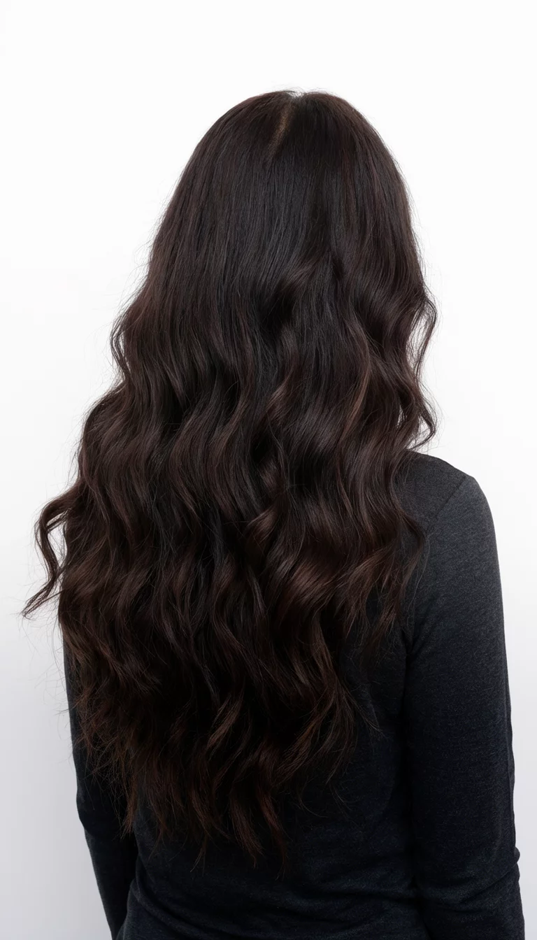Midnight Onyx Length casual photo of a 33-year-old woman wearing a dark top with a midnight onyx dark brown colored very long wavy hairstyle, back view, white background