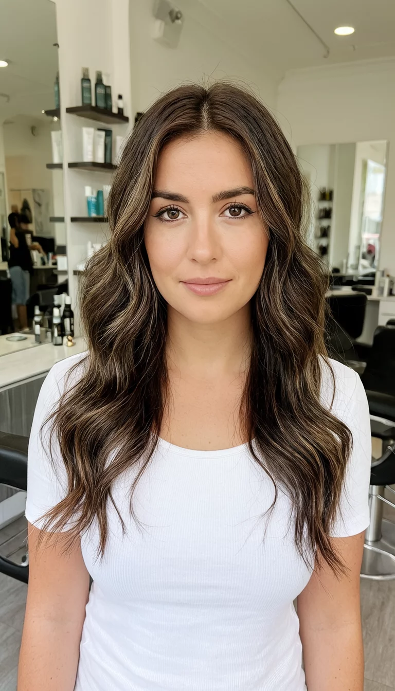 Trendsetter Collection Banner casual photo of a 28-year-old woman wearing a white top with a trendy brunette hair color colored long wavy hairstyle, front view, salon background