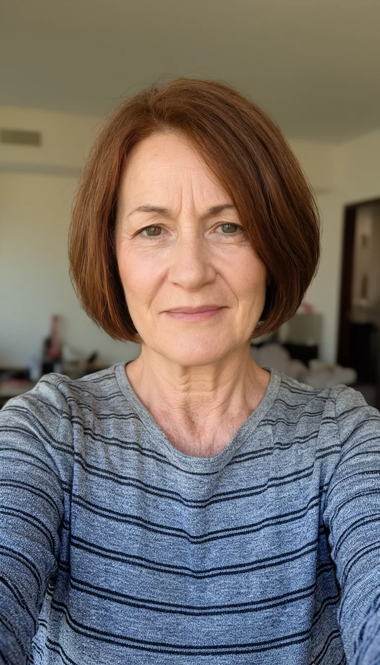 Silver Lining Brunette Bob selfie of a 45-year-old woman wearing a gray striped shirt with a brown colored short bob hairstyle, front view, indoor background