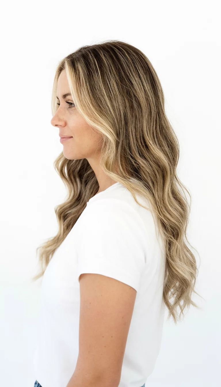 casual photo of a 27-year-old woman wearing a white top with a champagne blonde highlighted brunette colored long wavy hairstyle, side view, white background