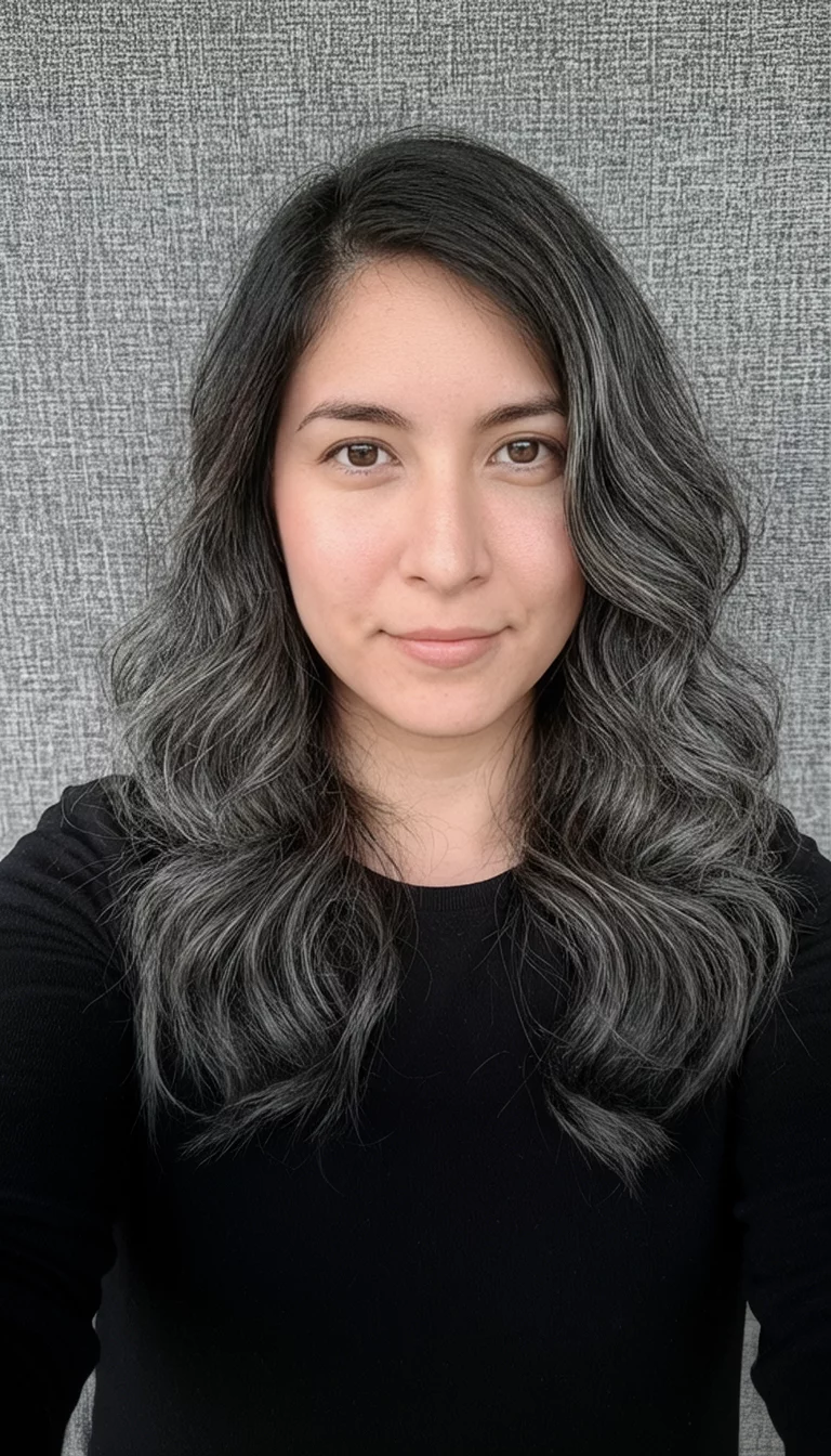 Soft Charcoal Espresso Waves selfie of a 29-year-old woman wearing a black top with a soft charcoal espresso colored loose waves hairstyle, front view, gray textured background