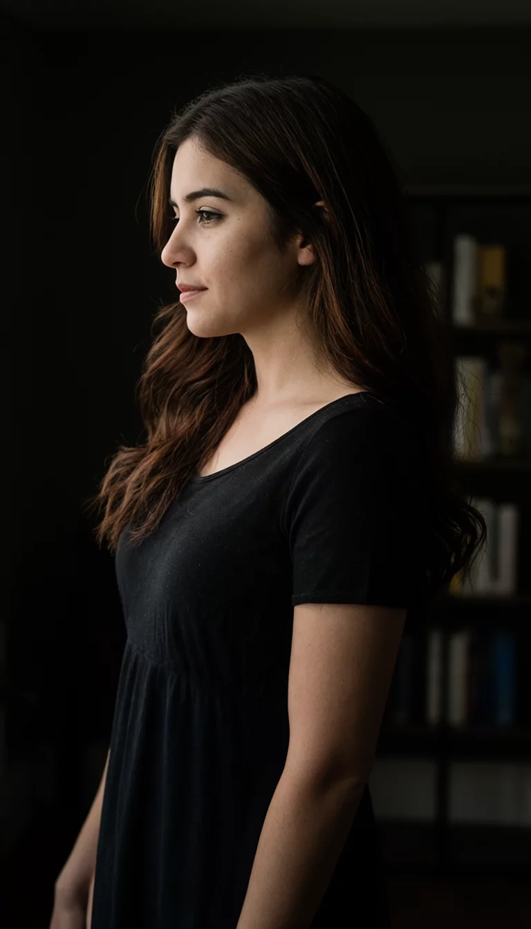 Gothic Glamour Espresso casual photo of a 28-year-old woman wearing a black dress with a dark brown colored long hairstyle, side view, dark indoor background