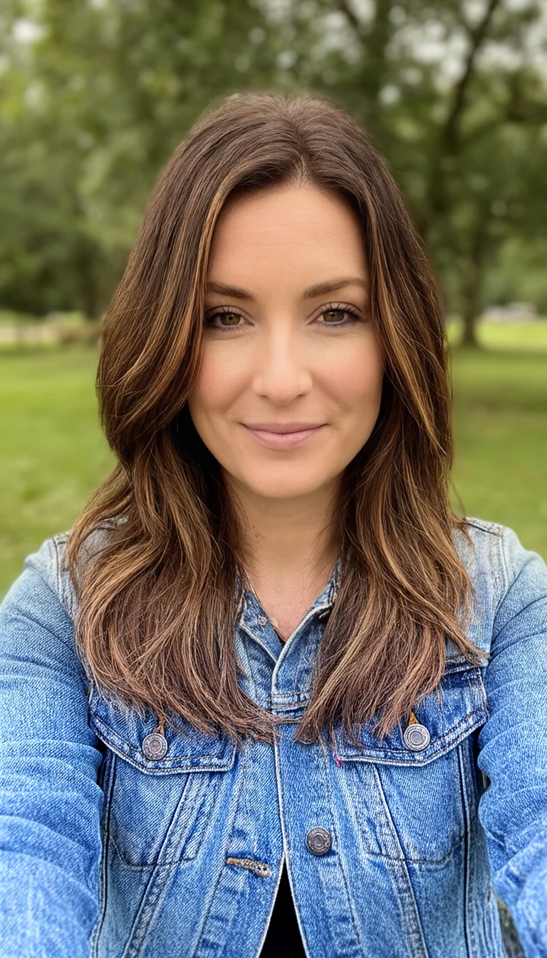 selfie of a 25-year-old woman wearing a denim jacket with a layered brown with subtle highlights colored long layered hairstyle, front view, outdoor background