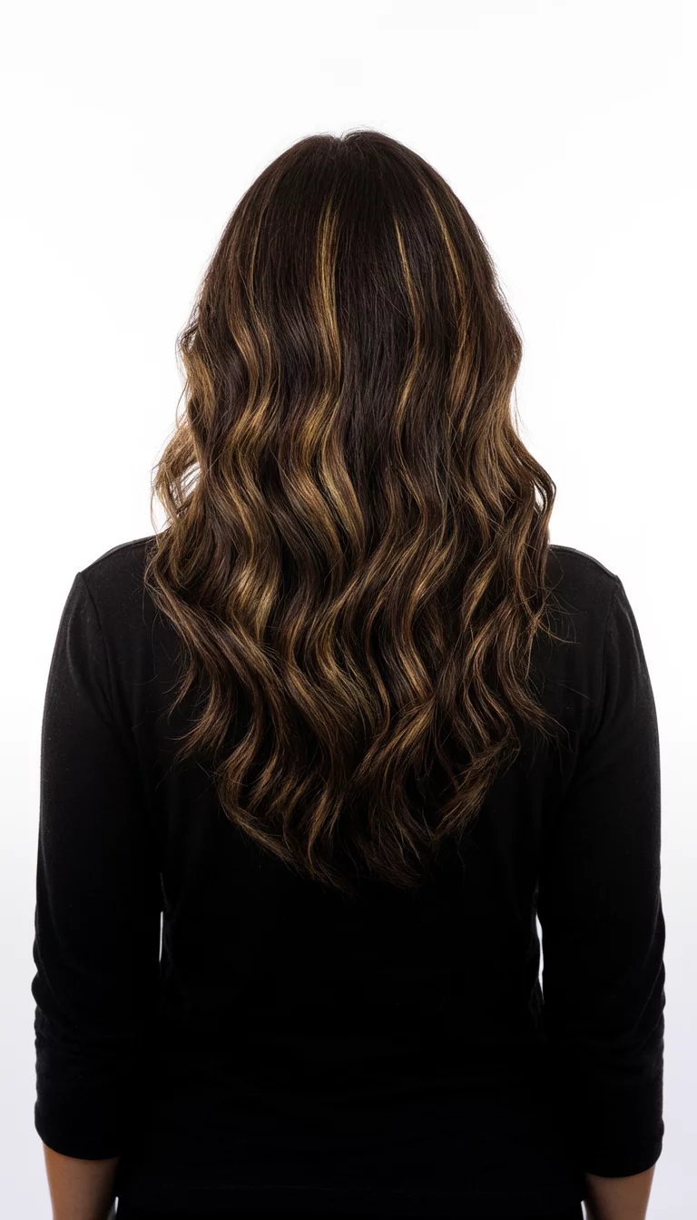 Toasted Walnut Dimension casual photo of a 39-year-old woman wearing a black top with a dark brown with lighter highlights colored long wavy hairstyle, back view, white background